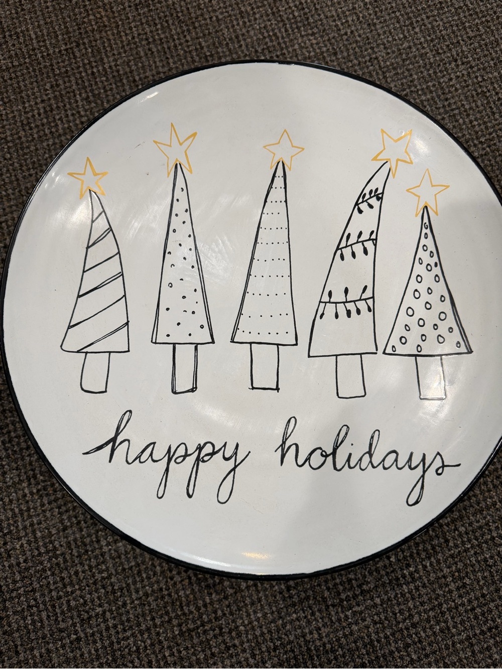 Happy Holidays Decorative Holiday Plate - White with Black and Gold Accents